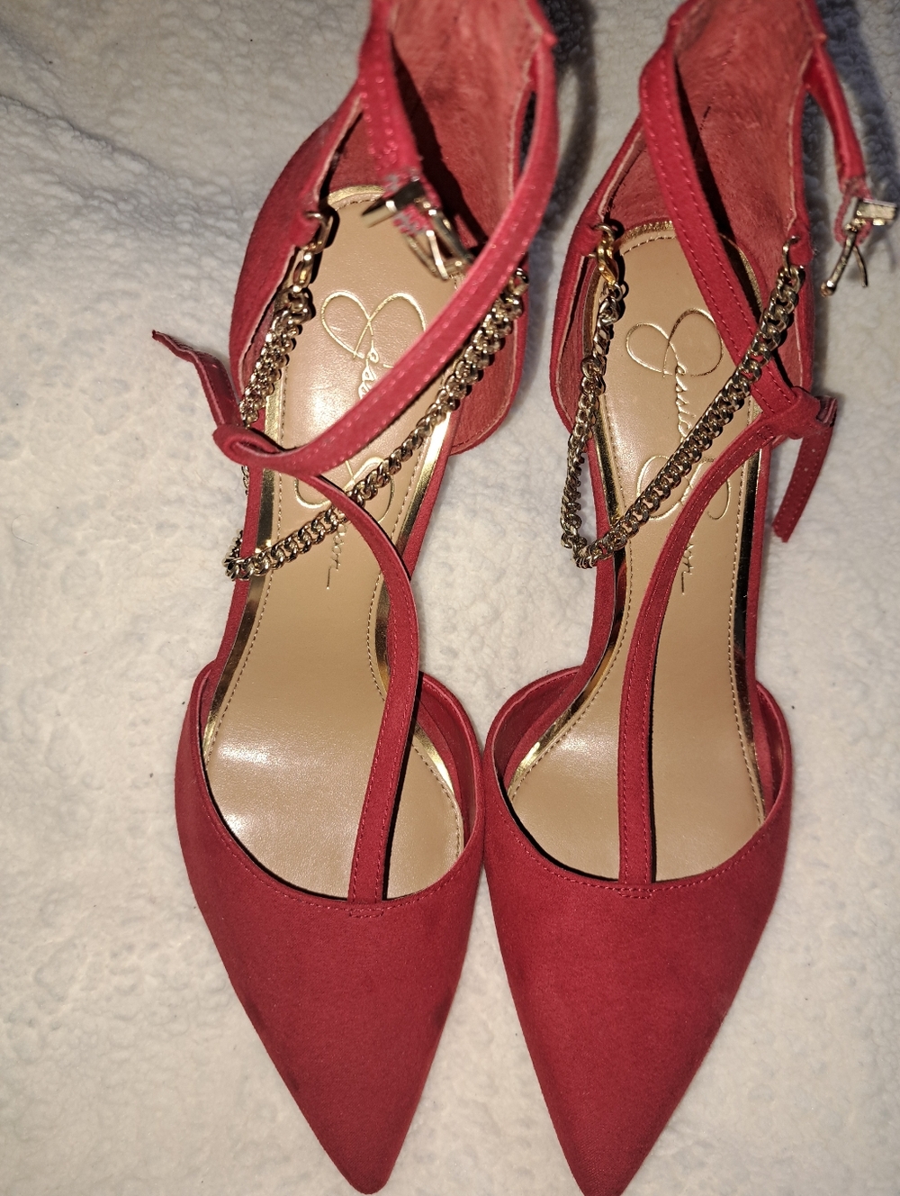 Women’s Red Pointed Toe Ankle Strap 3inch Pumps with Chain Detail